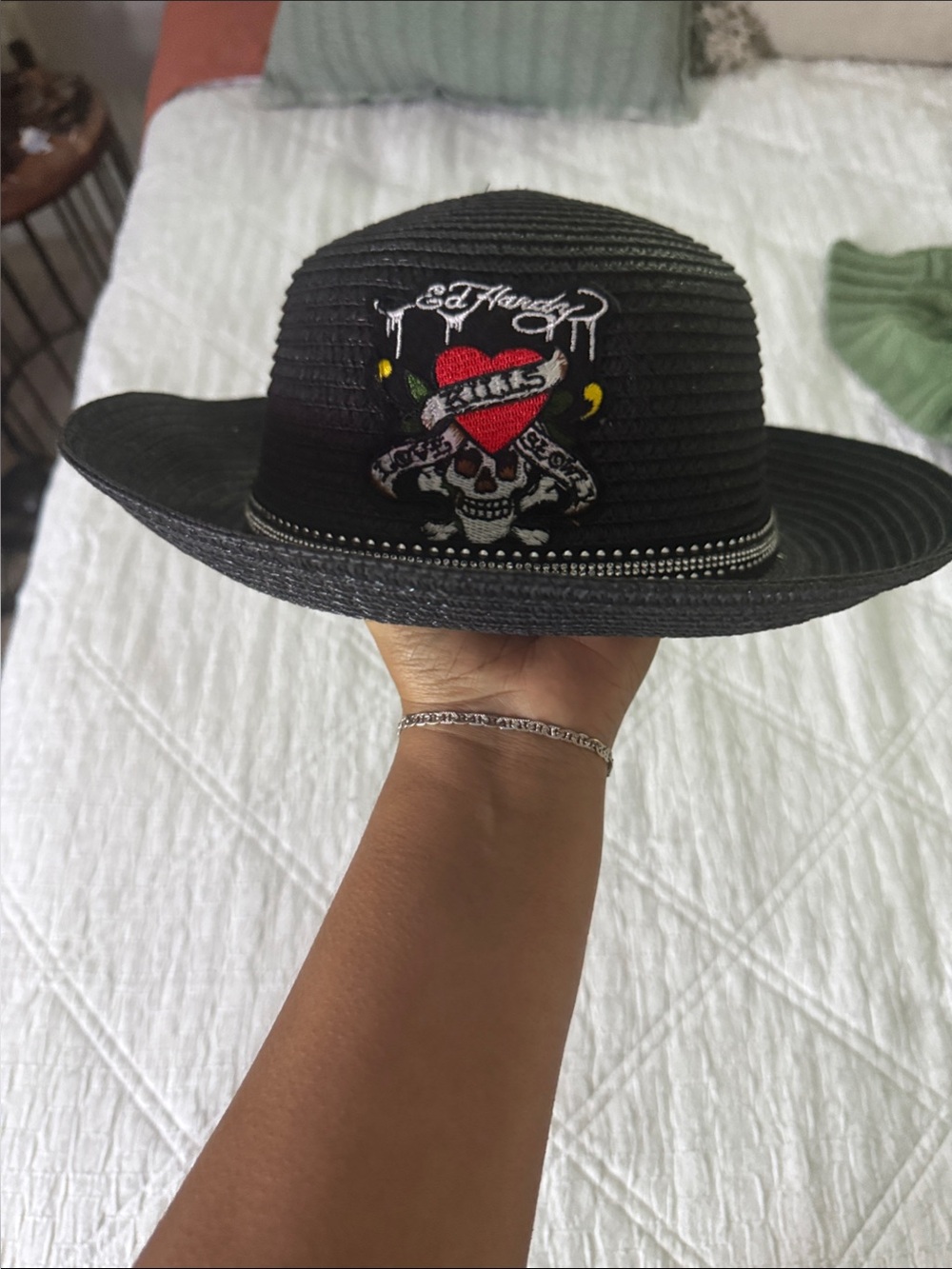 Ed Hardy Black Fedora with Red Heart & Skull Embroidery